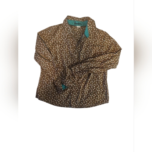 Boden Brown Teal Print Button Front Blouse Size 10P - Picture 2 of 6
